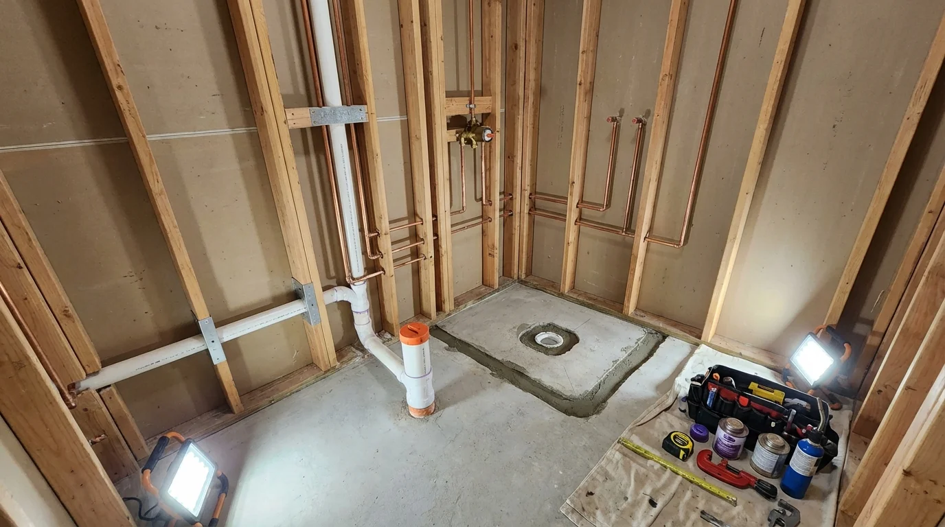 Bathroom rough-in plumbing during remodel by Johns Plumbing LLC in Luna Pier