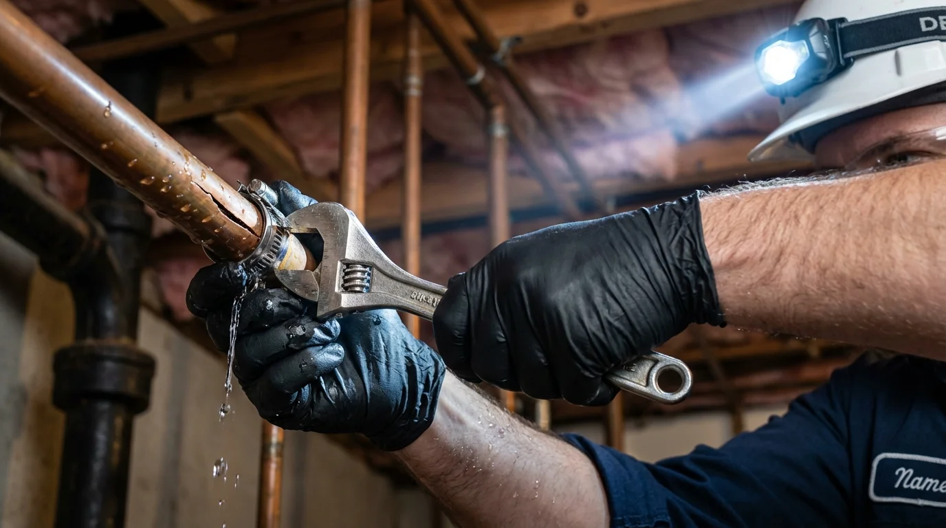 Emergency pipe clamp repair being performed by a Johns Plumbing LLC plumber in Luna Pier