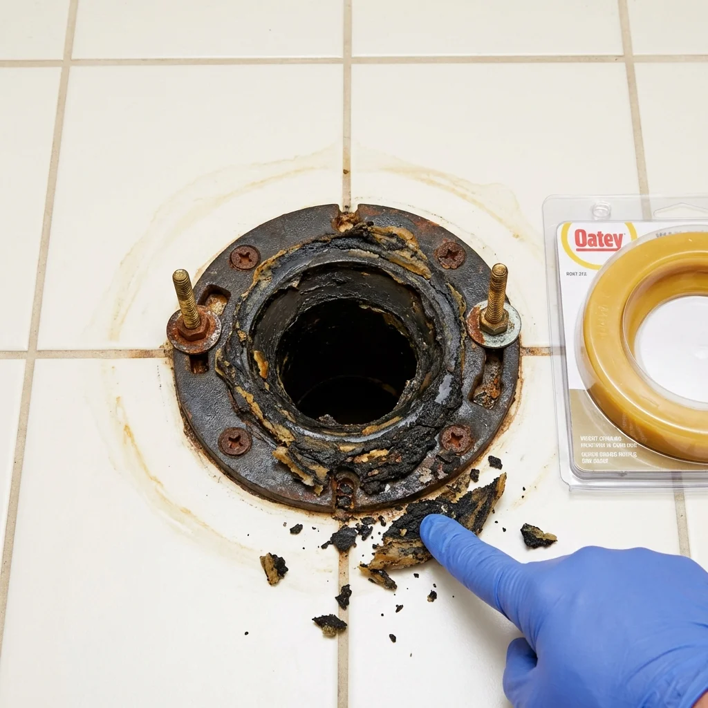 Failed wax ring showing water seepage at the base of a toilet in a Luna Pier, MI home