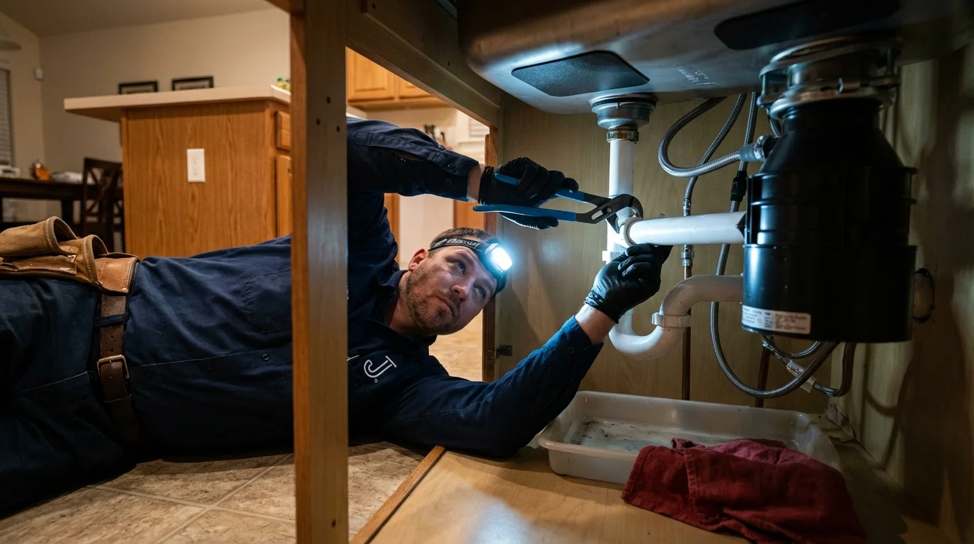 P-trap and supply line connections under a kitchen sink showing a common leak point in Luna Pier, MI